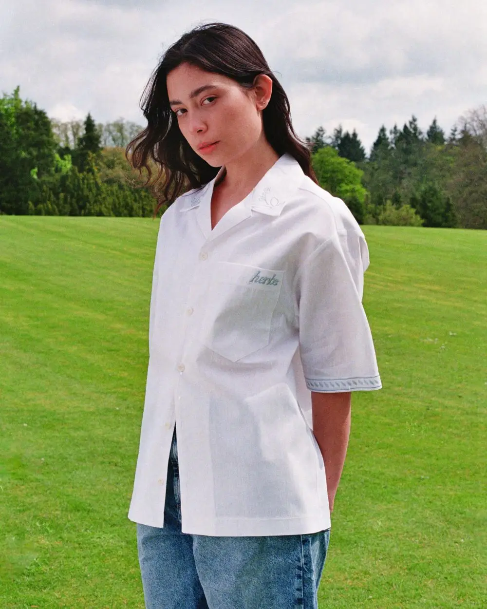 Herbs Embroidered White Cuban Shirt