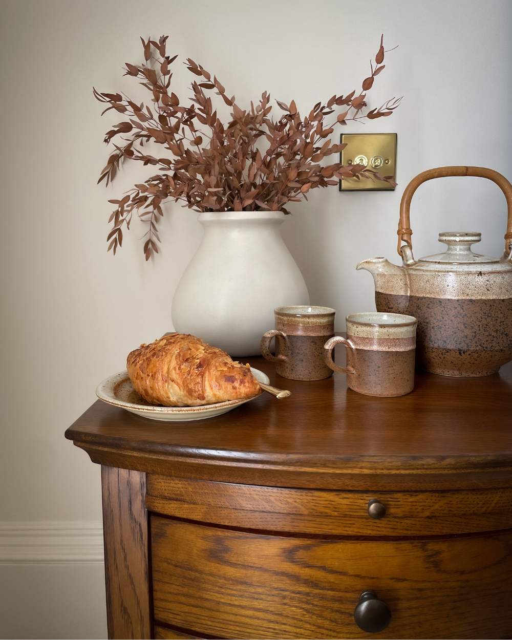 Vintage speckled-glazed teapot with bamboo handle from the Gentle Awakening Interior Collection by Wild in the Wolds