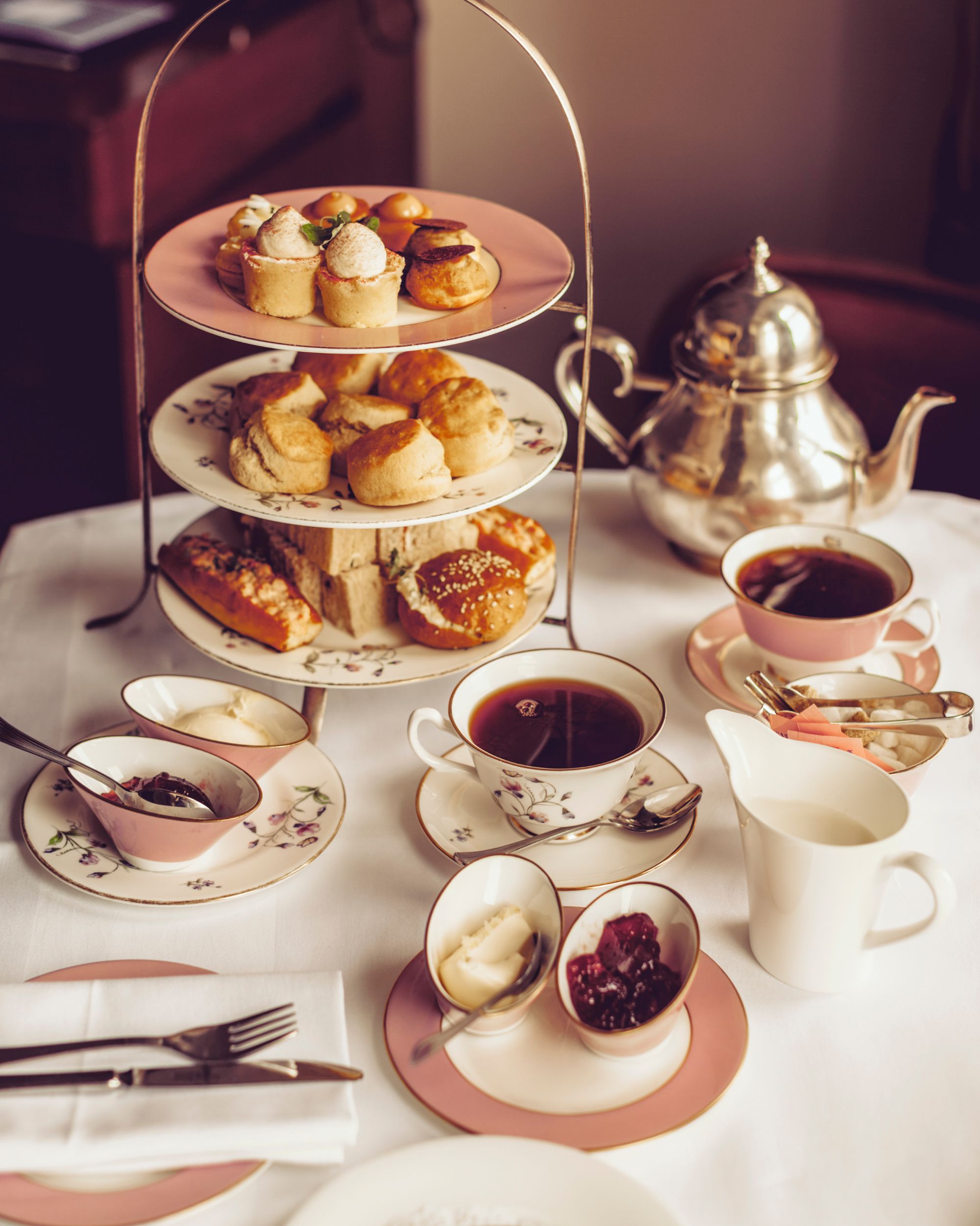 High tea, inclding cakes and tea in a cafe in London