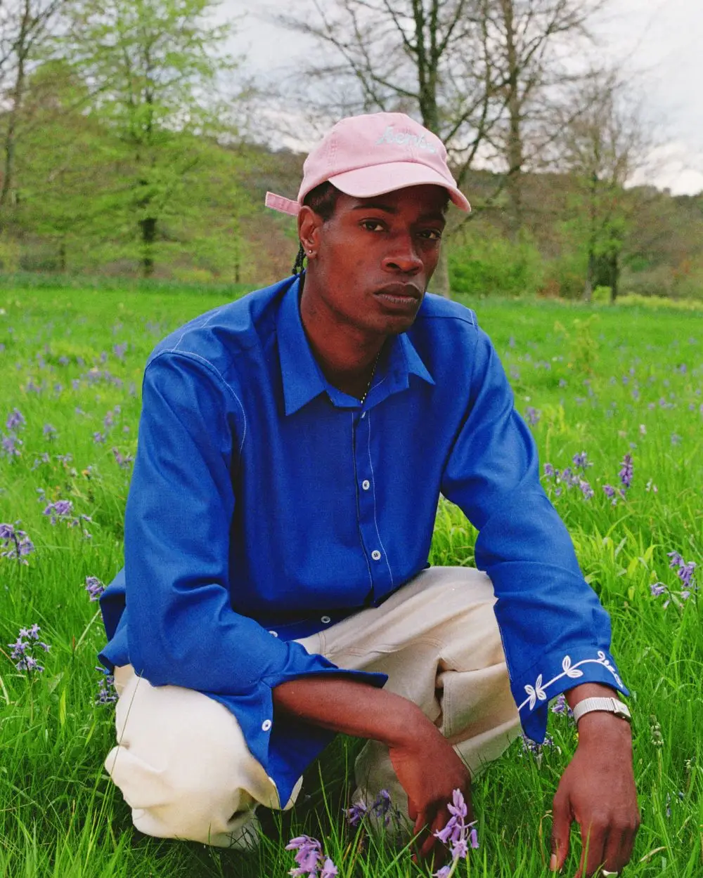 Herbs Baseball Cap in Pink paired with the Blue Cotton Shirt with White Embroidery