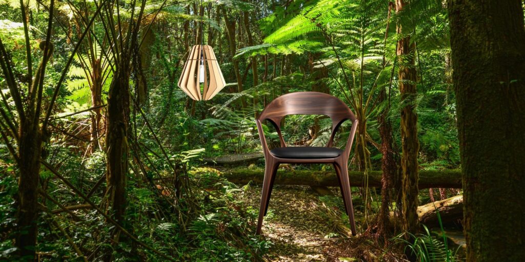 Biophilic Interior design - Wooden chair and a wooden lamp in a rainforest