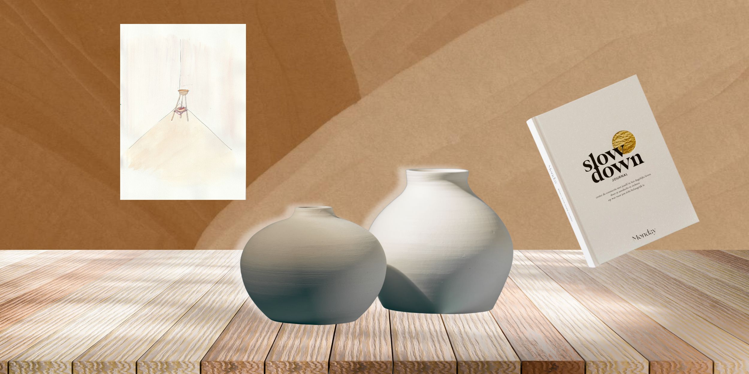 Japandi Interiors banner of a painting, clay vessels and a book above a wooden slat table with an earthy wallpaper behind it