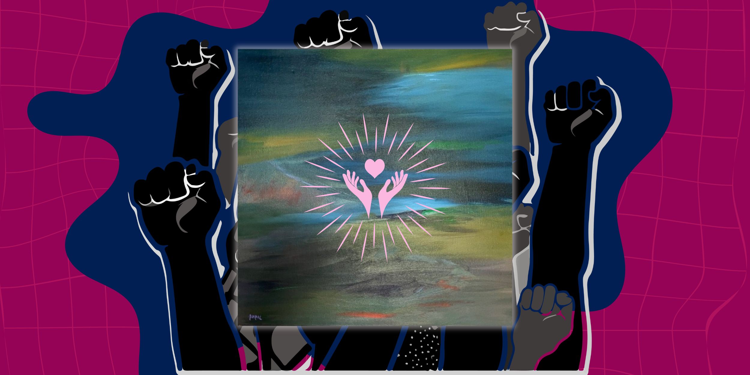 Patricia Gagic acrylic and mixed media artwork with freedom fists, hands and a heart