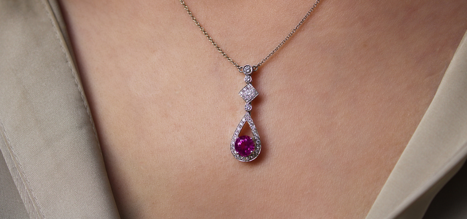 Round Pink Sapphire and Diamond Drop Pendant 1.13ct from Hatton Jewels