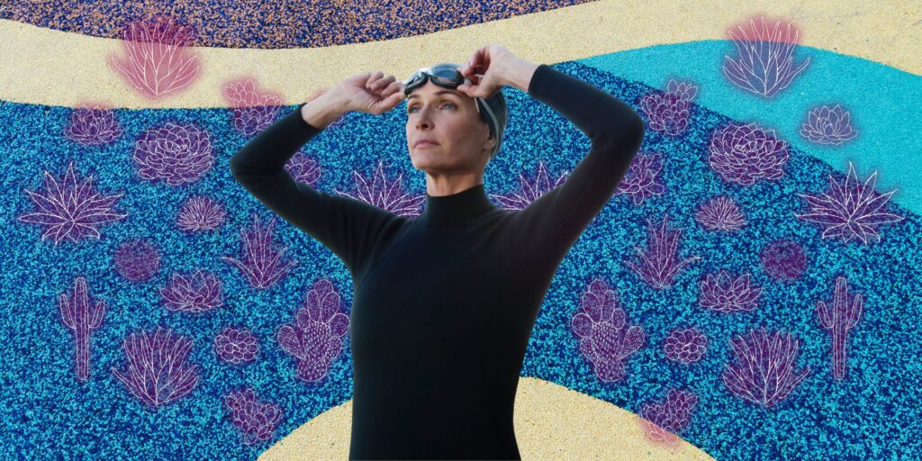 Rubber-based materials with a swimmer in a Yulex based rubber wetsuit and guayule plants desert plants