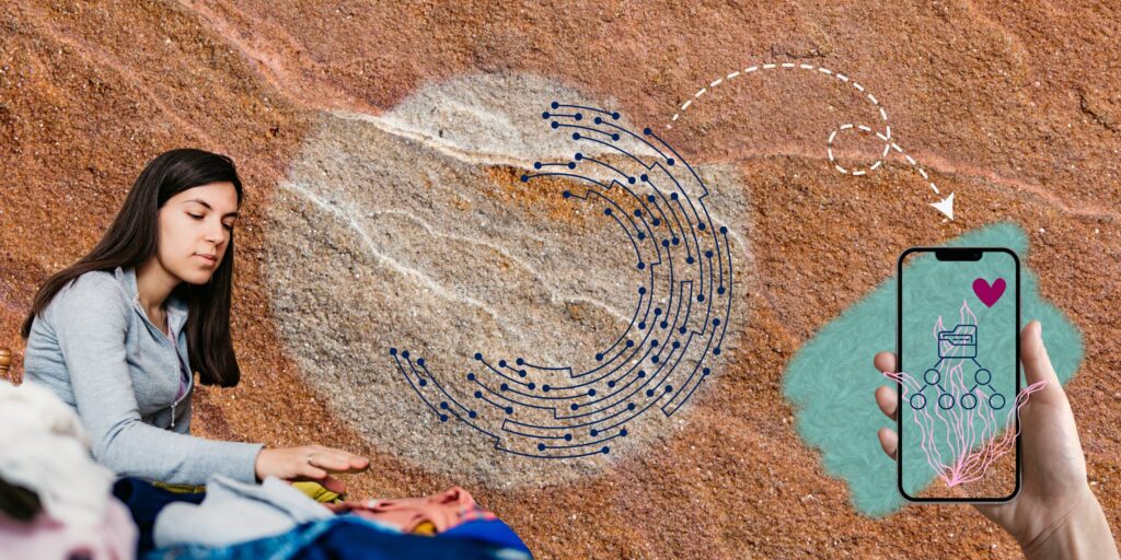 Circularity in Fashion examples with a woman sorting clothing to upcycle it, a tech graphic in a circle, a hand with a phone with wool, seaweed and a directory icon behind it.