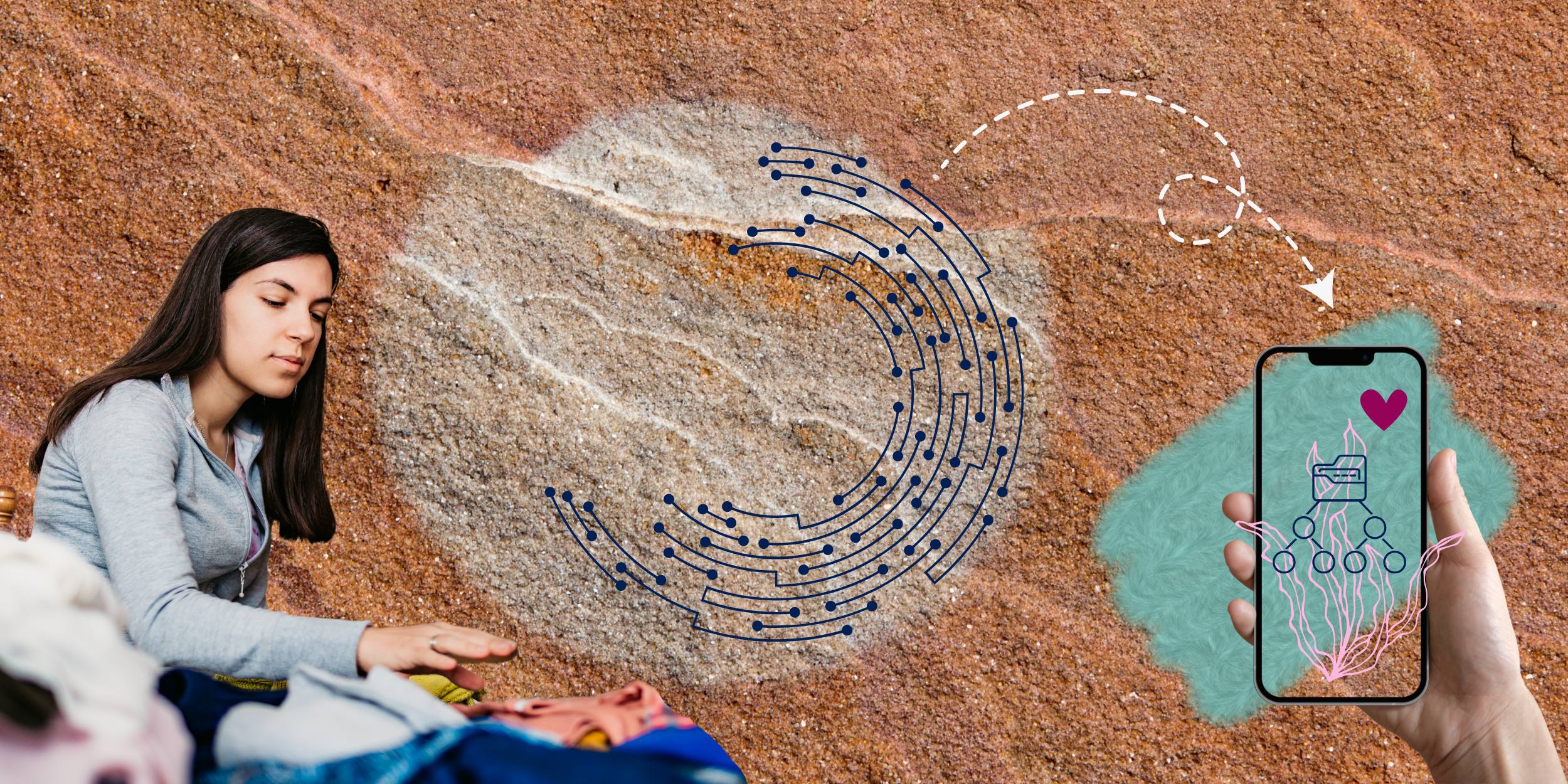 Circularity in Fashion examples with a woman sorting clothing to upcycle it, a tech graphic in a circle, a hand with a phone with wool, seaweed and a directory icon behind it.