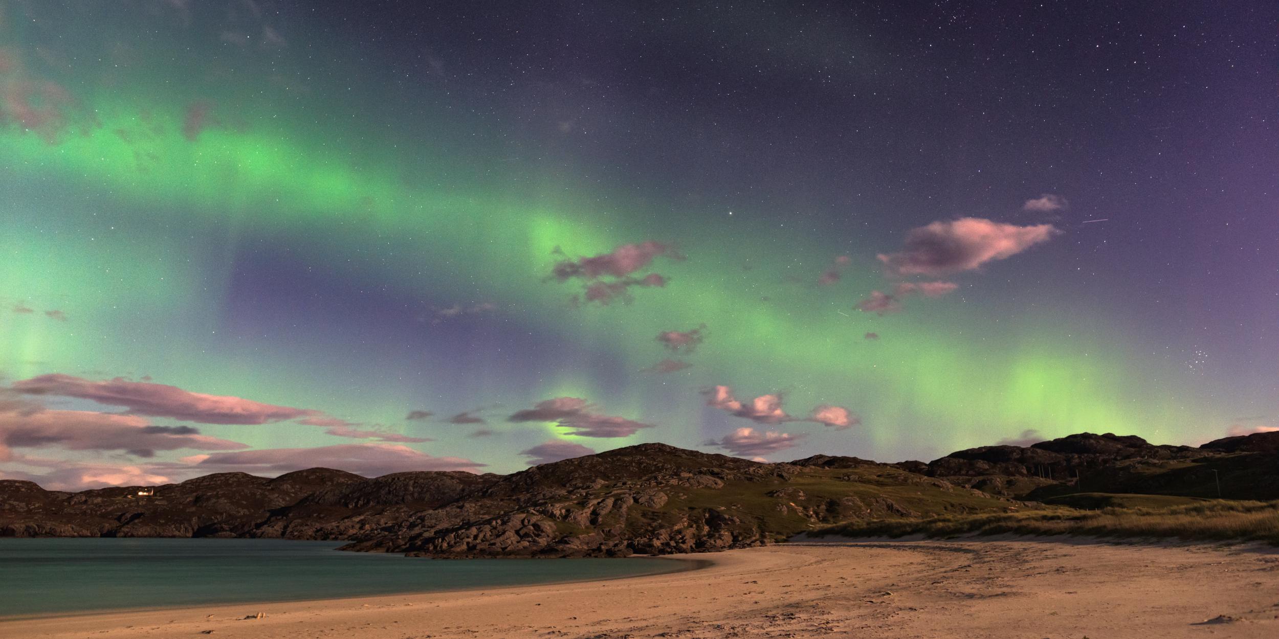 The Aurora Borealis, also known as the Northern lights, putting on a show over Achmelvich beach, Sutherland, in the Highlands of Scotland, UK. Getty Images-2