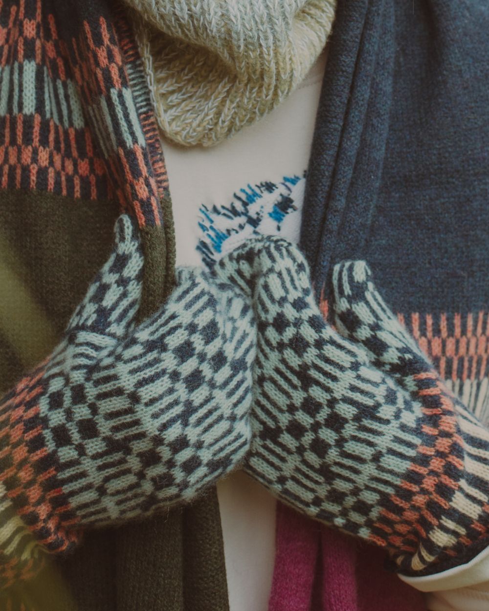 Elin Manon Knitted MERINO MITTENS and Merino Patchwork Scarf from the Brithlen Collection