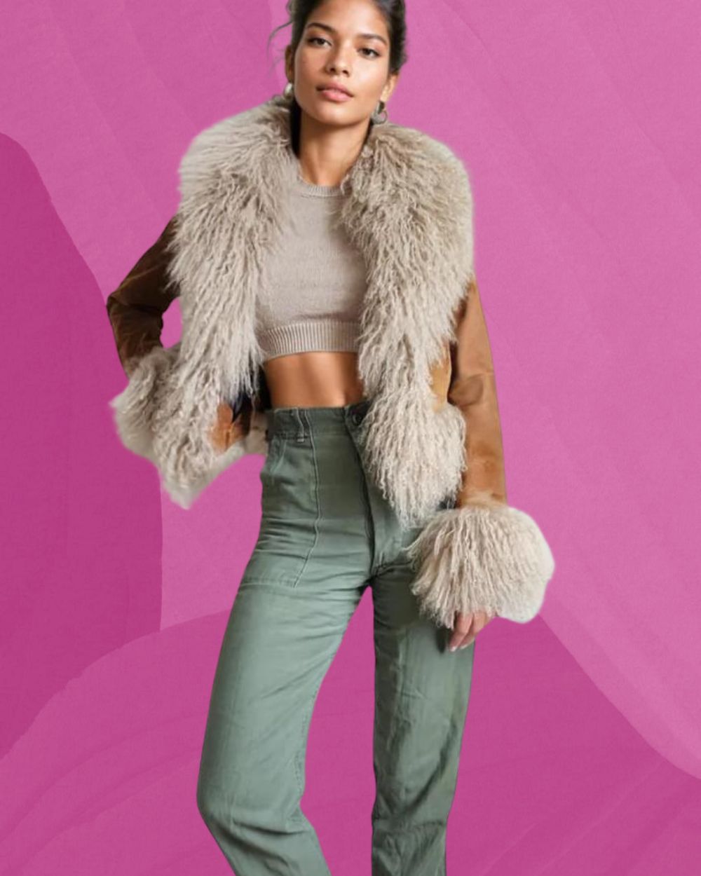 Anita Cropped Jacket. Made From Suede and Mongolian Shearling