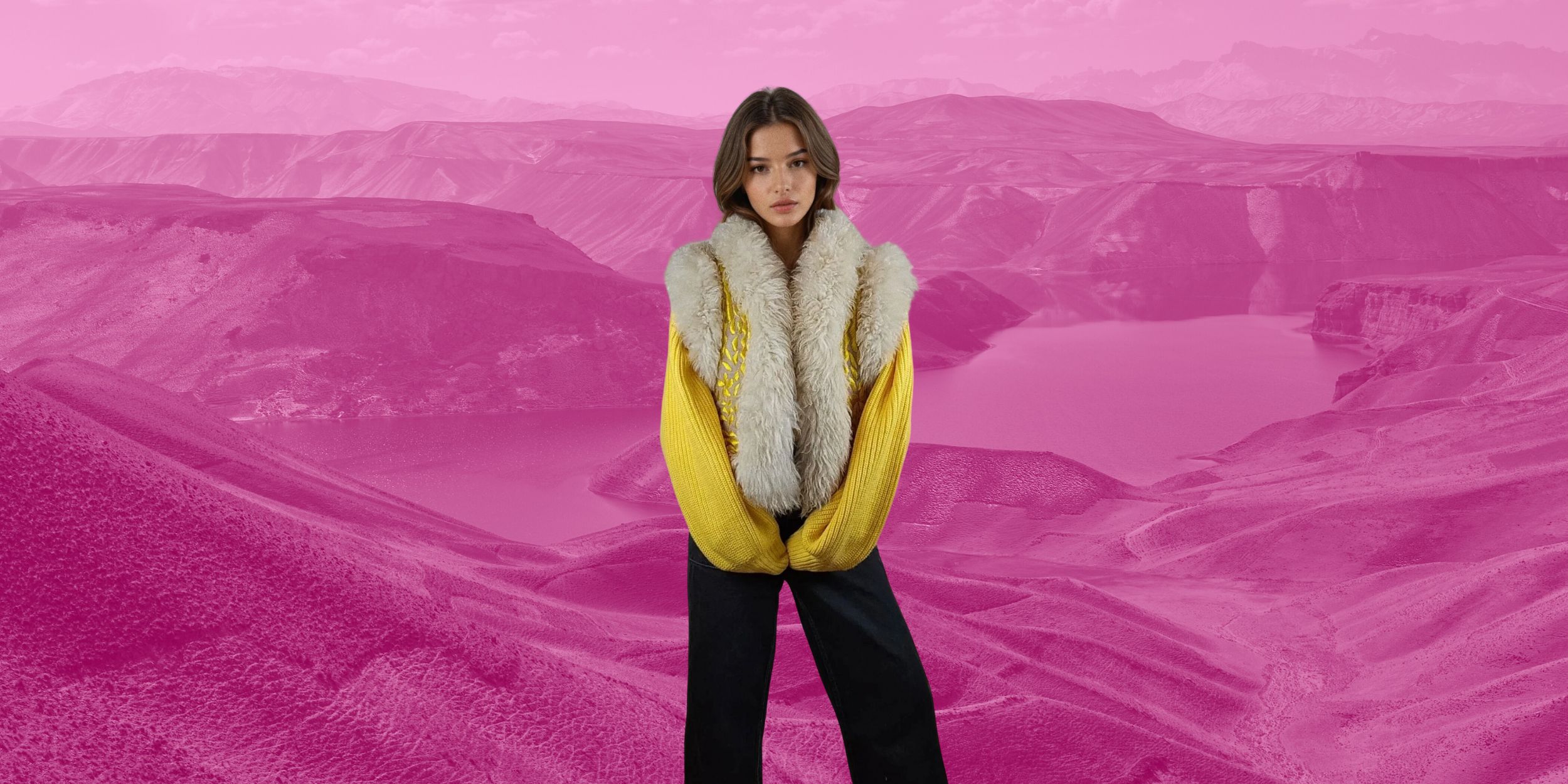 AQL&NAFS: Stylish Afghani Coat in yellow and gold in front of a mountain scene in Afghanistan. Made From Suede and Mongolian Shearling.