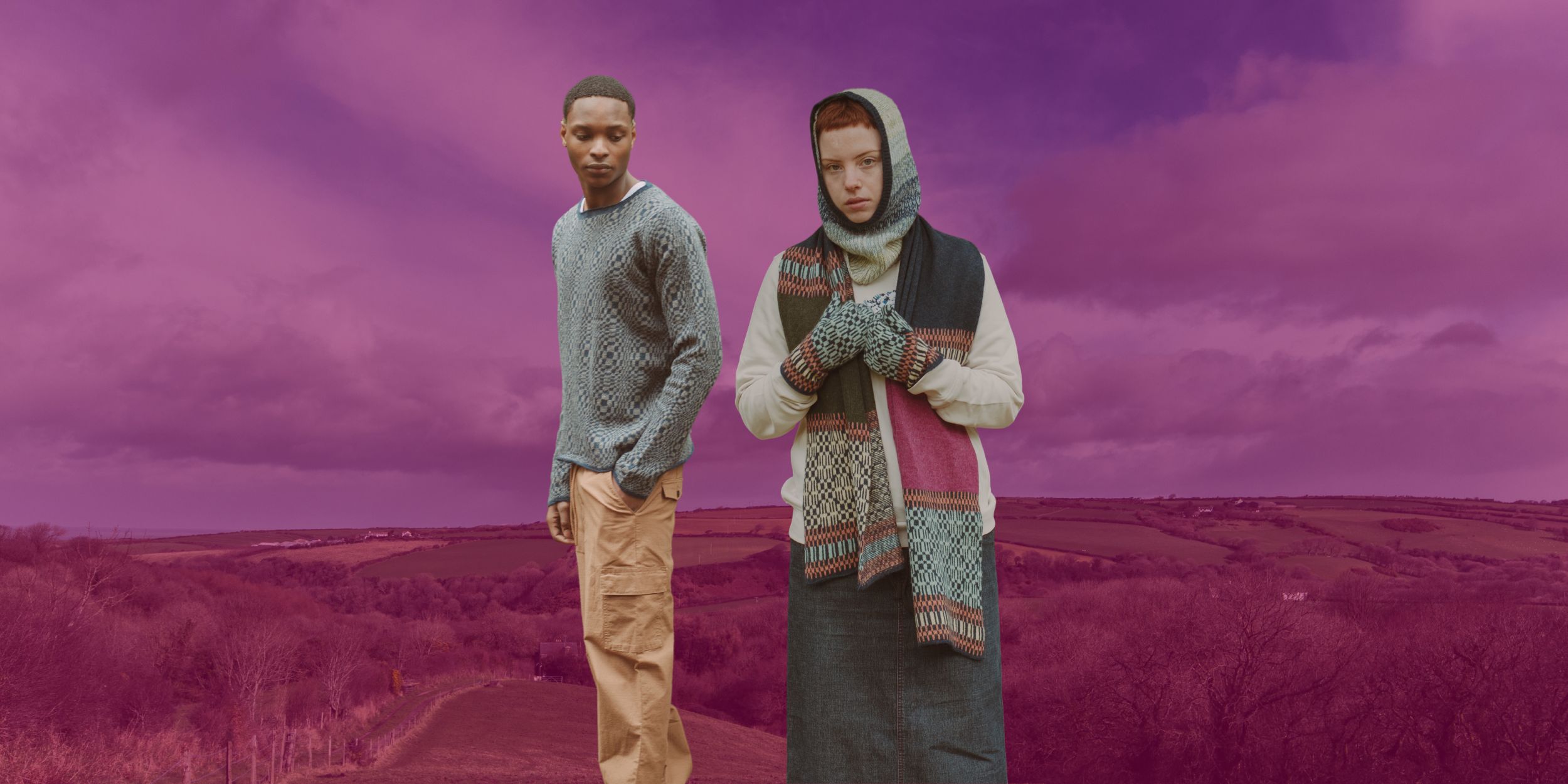 Knitting apparel and accessories by Elin Manon with a Welsh landscape scene behind it