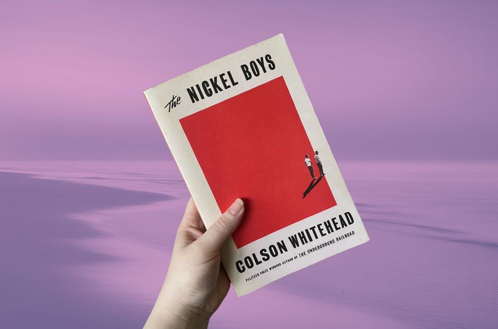 The Nickel Boys by Colson Whitehead book cover with Florida beach in the background