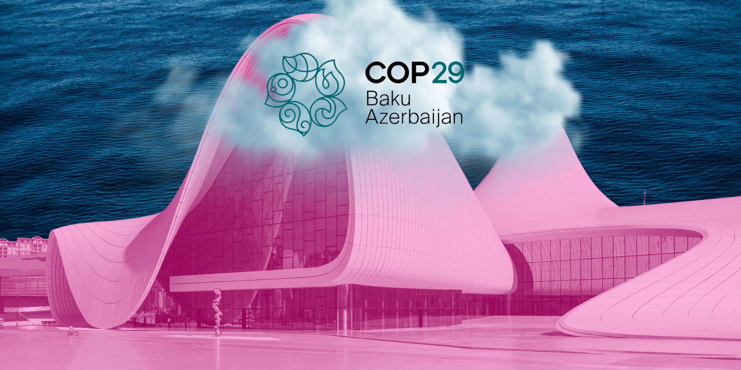 COP29 in Baku logo in front of a cloud with a building and the ocean behind it