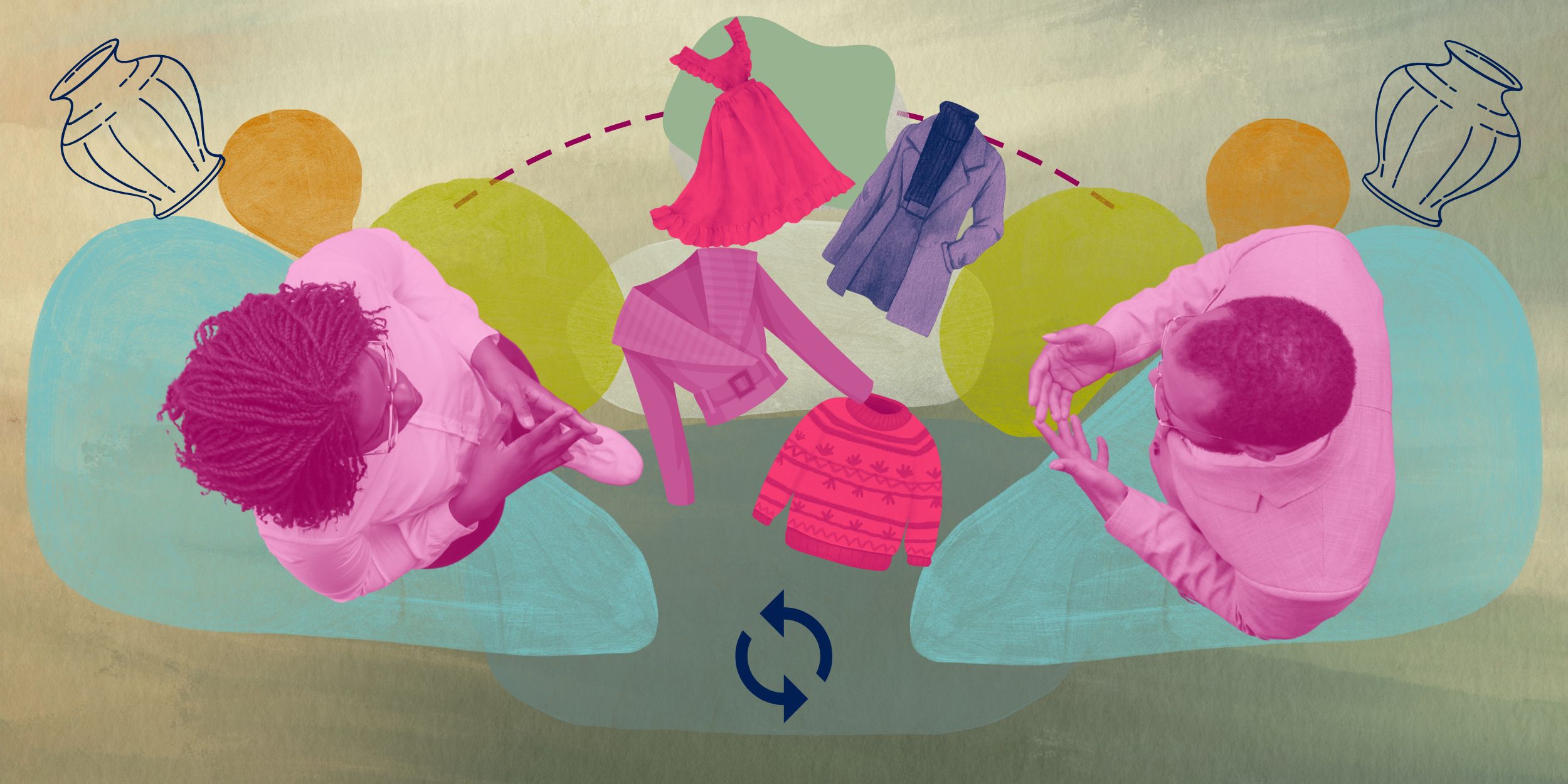 Partnerships with PLEB Magazine, two people facing each other with clothing illustrations on a watercolour background