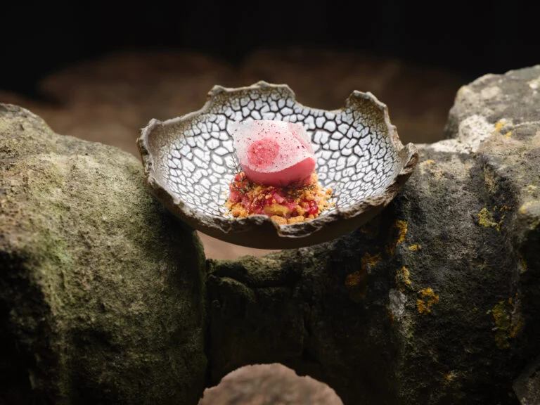 Rhubarb dish in the Michelin Star Whatley Manor Grey's Dining room