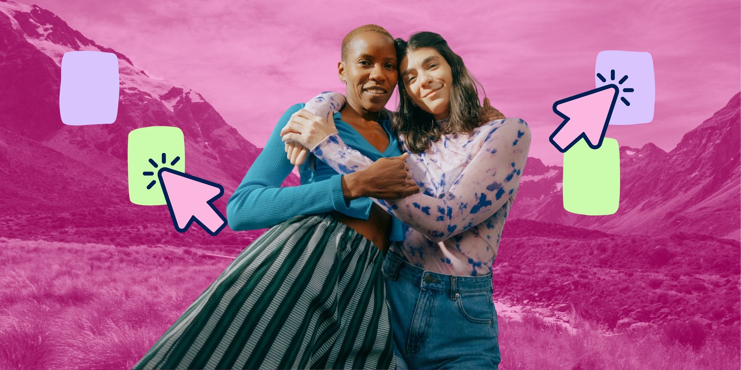 Diatome fashion resale clothing on models with a mountain path background and two pointers with coloured rectangles.
