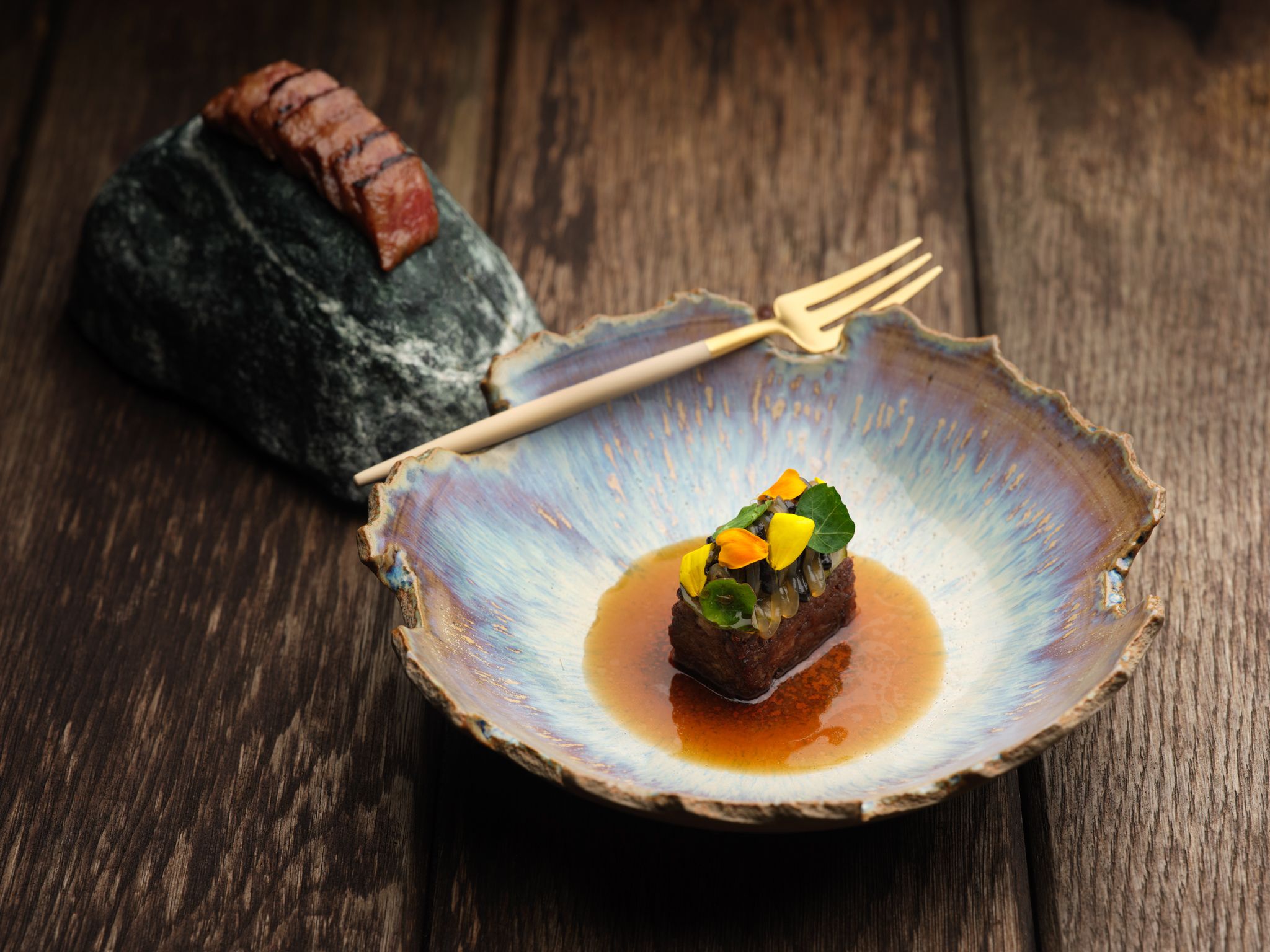 A5 Wagyu, beef broth, fermented lettuce