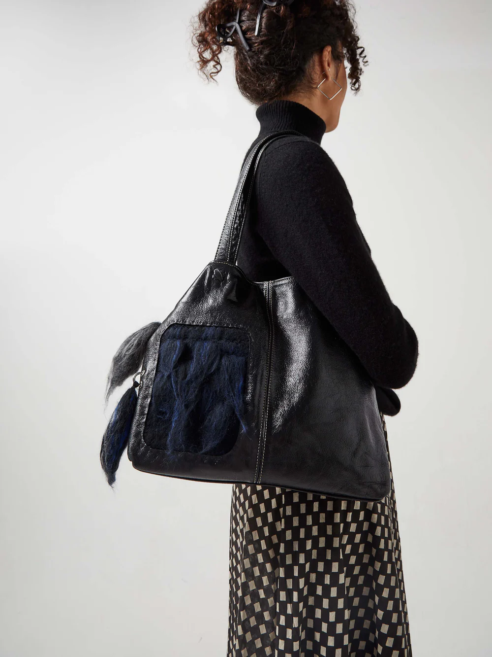 Blue Nude Afa Merino Wool & Leather Upcycled Triangle Shoulder Bag.