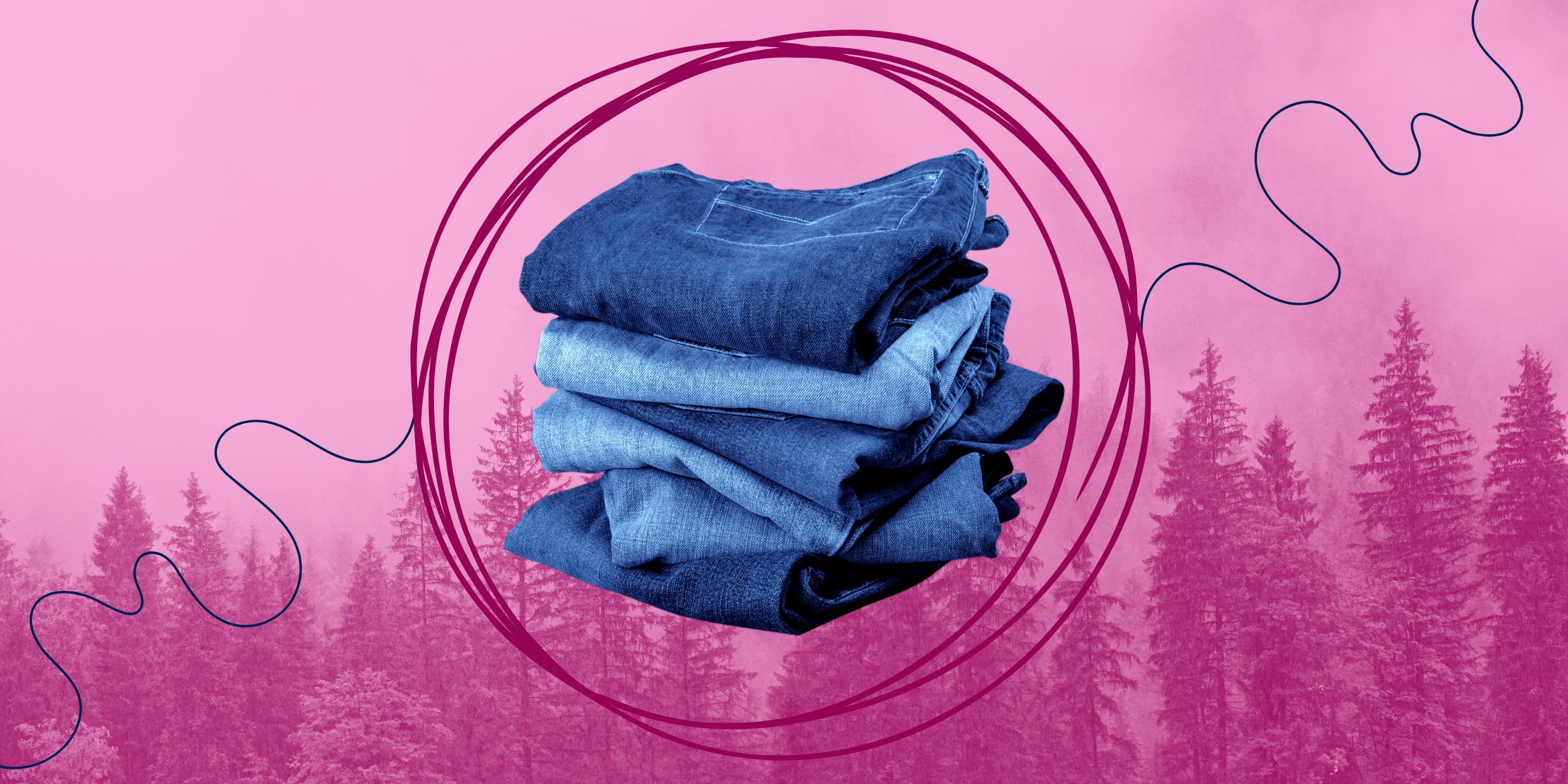 Fashion returns pile of blue jeans with a forest in the background and a drawn circle.