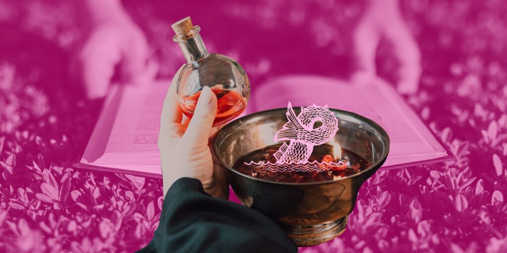 Hoxton Street Monster Supplies, a background image of an open book with a hand holding a potion and a bowl