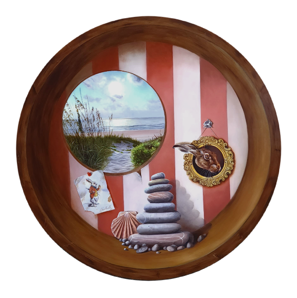 Imaginative realism painting, Sea Escape oil on round panel 50cm in diameter 2023 by Holly Hartwell.