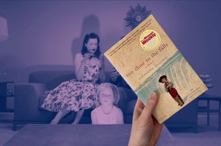 Too Close to the Falls by Catherine Gildiner book cover in front of a 1950s era family sitting in their loungeroom.