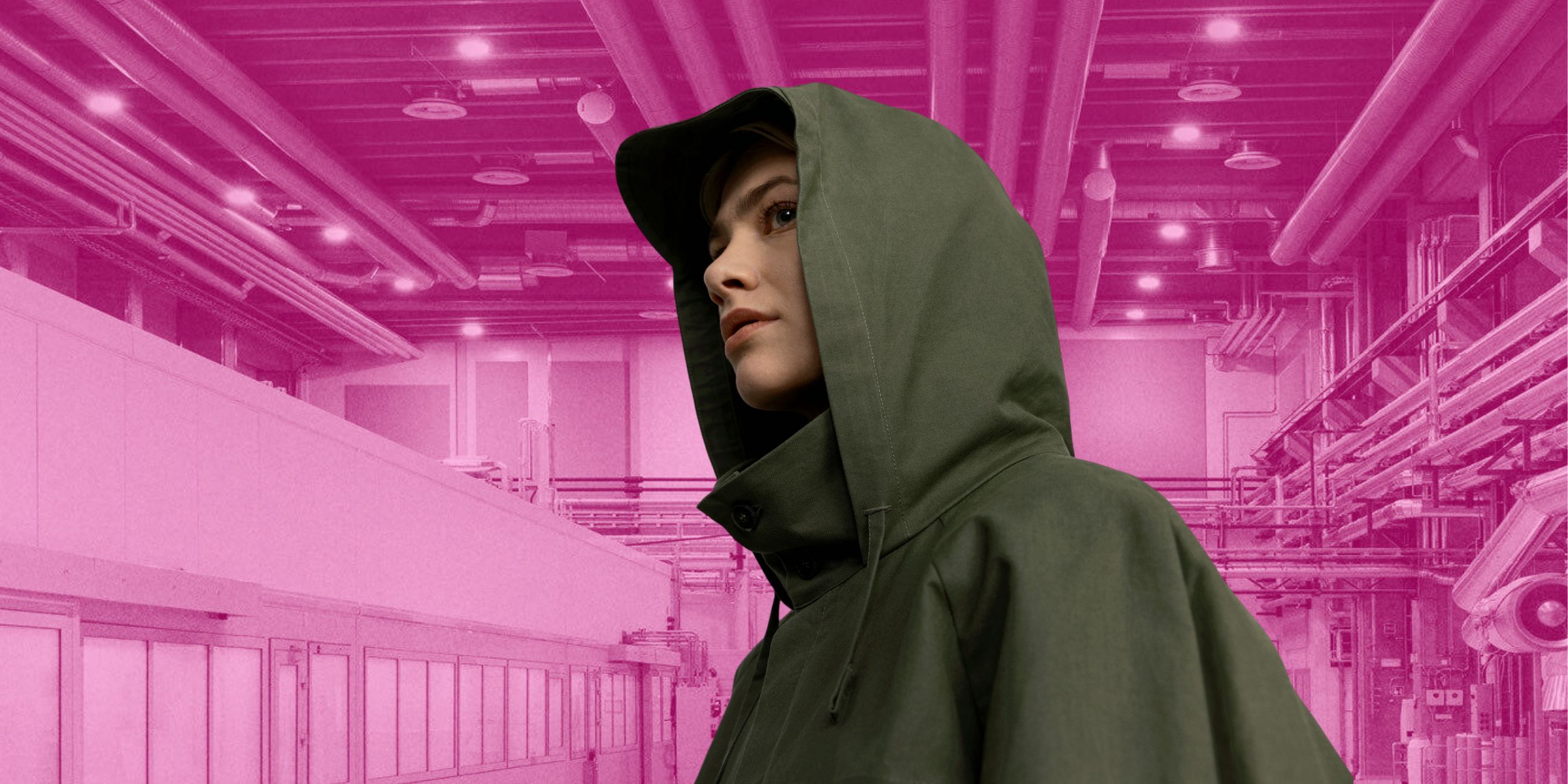 Woodspin and Puma collaboration, Spinnova Halti Cyclus Unisex Parka in front of a Spinnova factory in pink