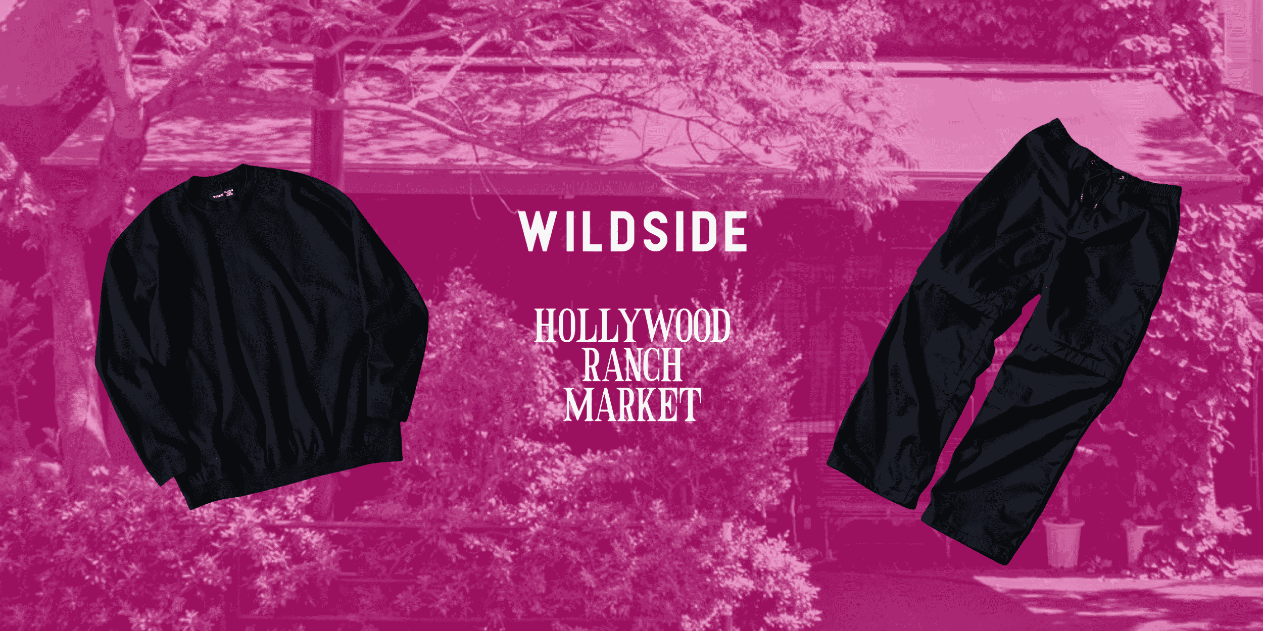 Hollywood Ranch Market x Wildside by Yohji Yamamoto logos with the French China Pants & Stretch Fraise Hem Rib T-shirt, in front of a The Hollywood Ranch Store In Tokyo.