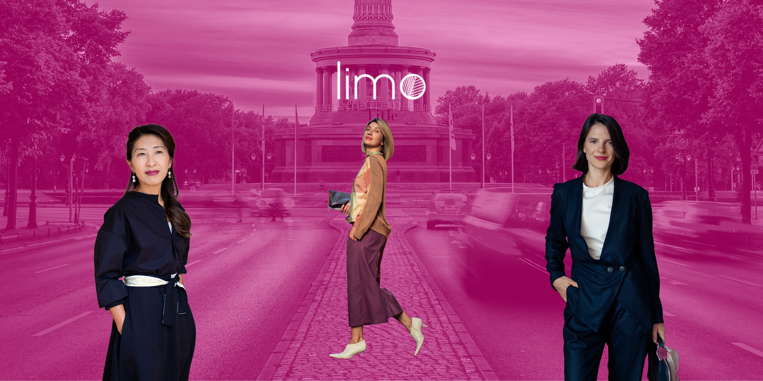 Limo Wardrobe fashion brand items on three models with a scene from Berlin in the background