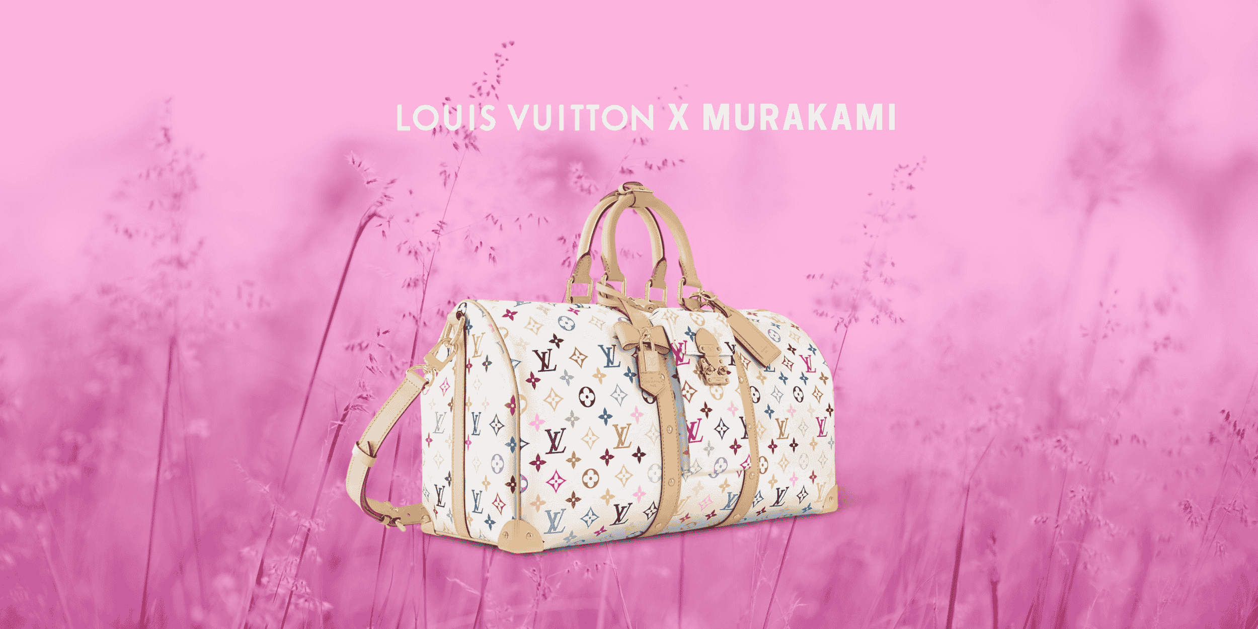 Louis Vuitton x Takashi Murakami Banner - LV x TM Keepall Bandoulière 45 Bag in front of a field of flowers