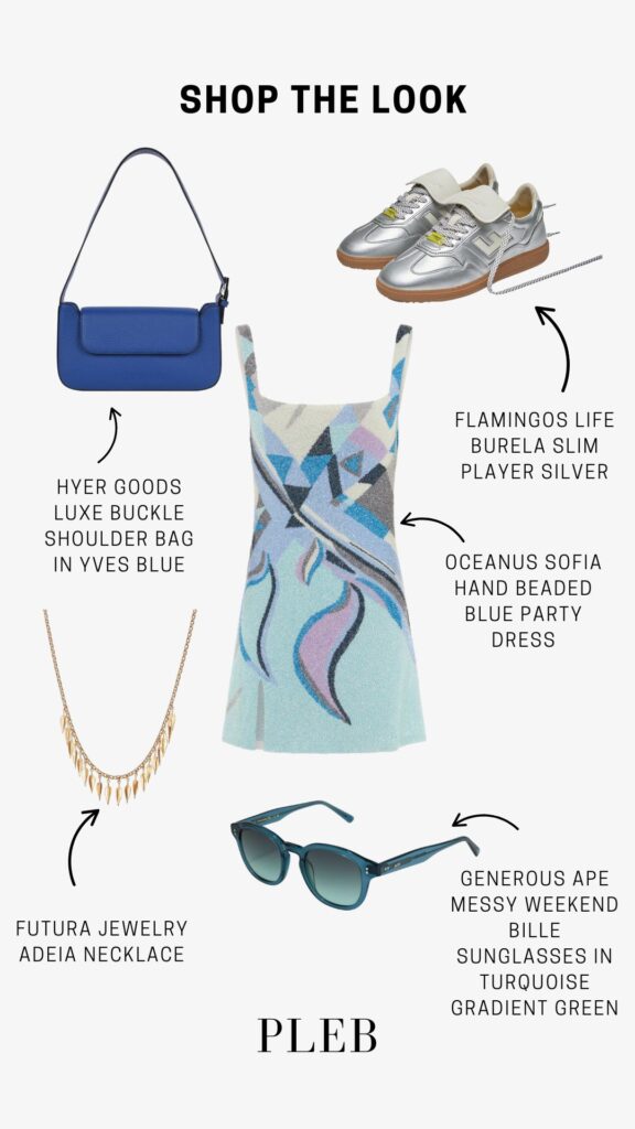 Hyer Goods Luxe Buckle Shoulder Bag In Yves Blue Flamingos Life Burela Slim Player Silver Oceanus Sofia Hand Beaded Blue Party Dress Generous Ape Messy Weekend Bille Sunglasses In Turquoise Gradient Green Futura Jewelry Adeia Necklace