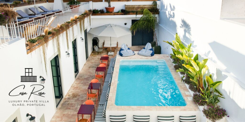 Casa Rosa Villa in Algarve, Portugal Poolside with deck chairs