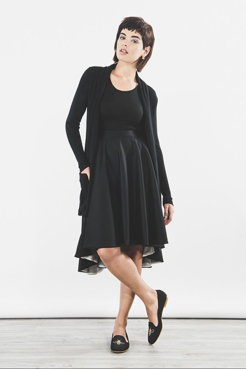 Outsider Cardigan And Swing Skirt In Black Organic Merino Wool