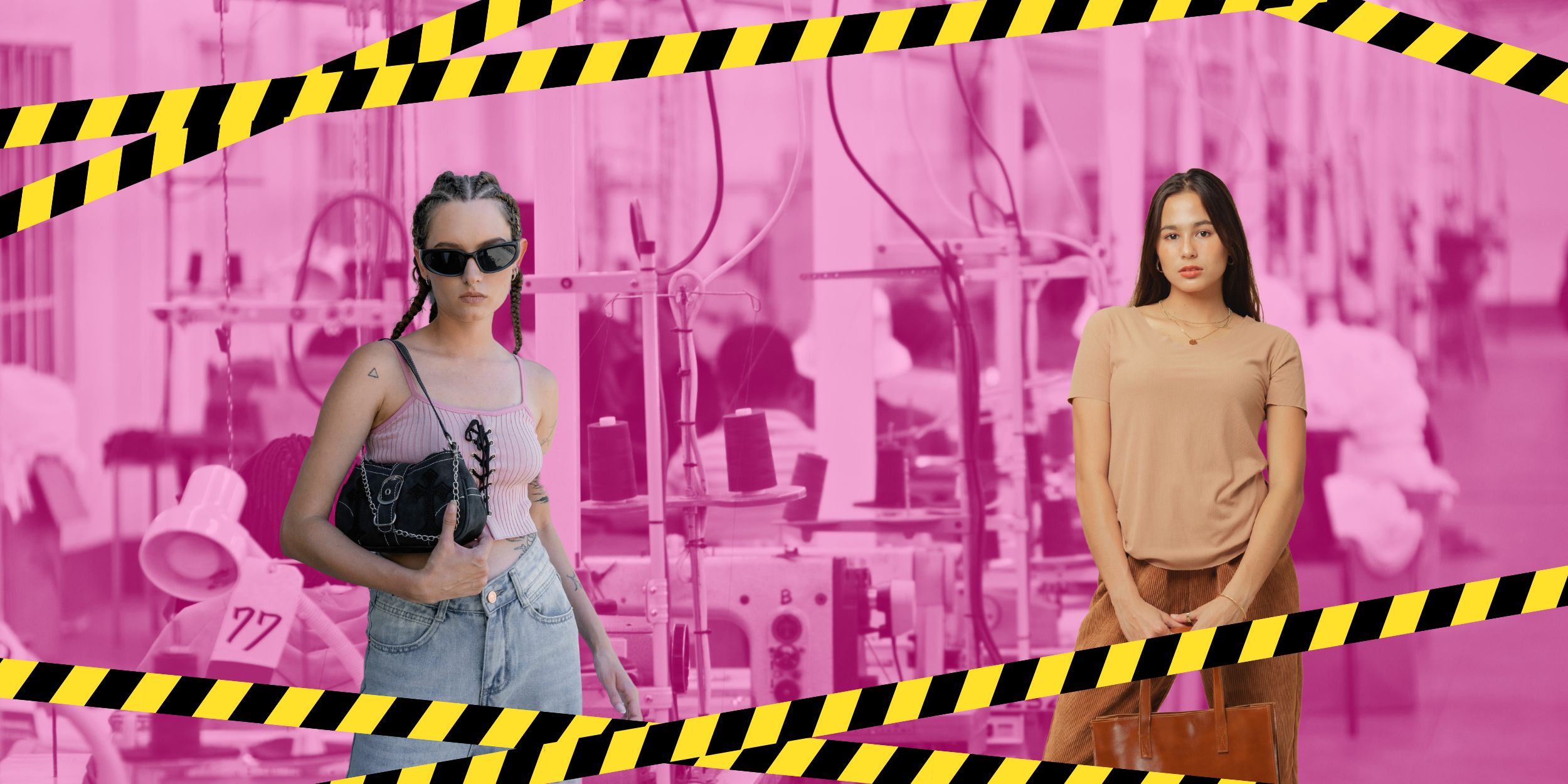 Fashion industry sewing warehouse, with two models and danger tape