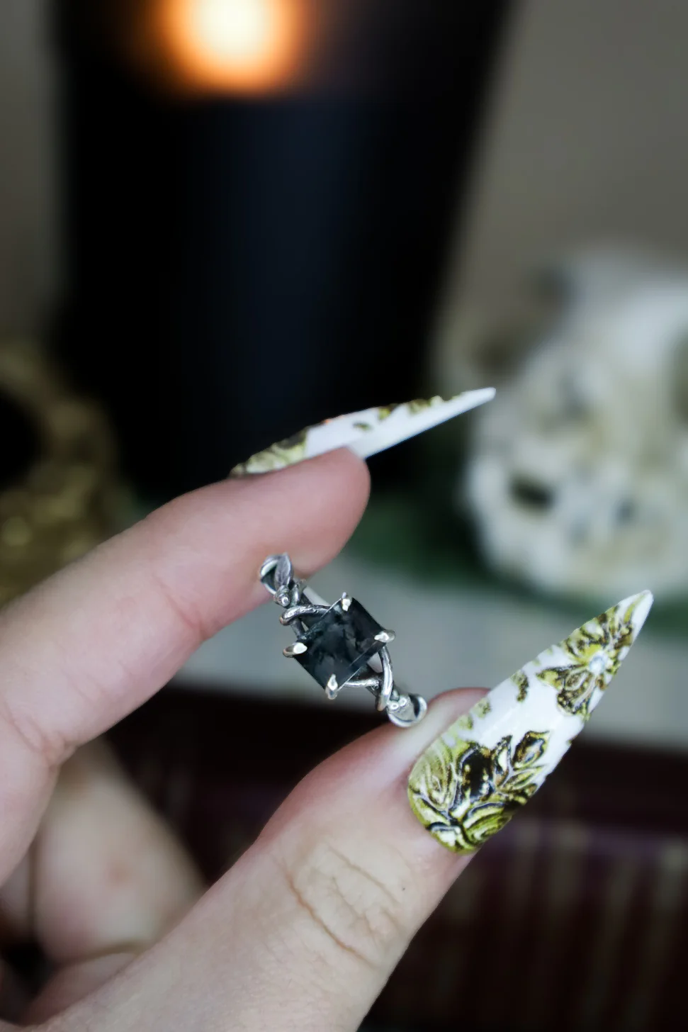 Storms & Saint Thorn Ring Made With Silver and Moss Agate