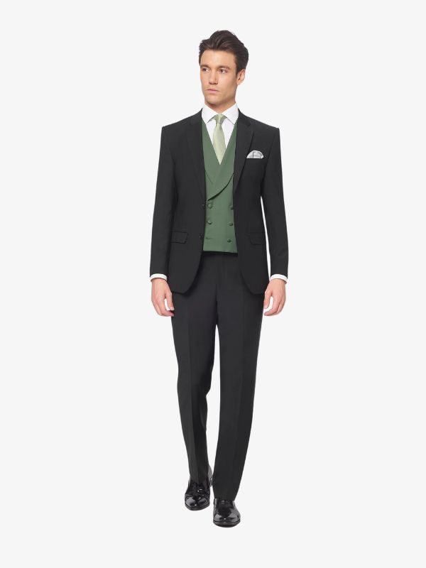 Bridal UK Groom Simkins 3 Piece Black Slim Fit Suit Deep Green Double Breasted Waistcoat