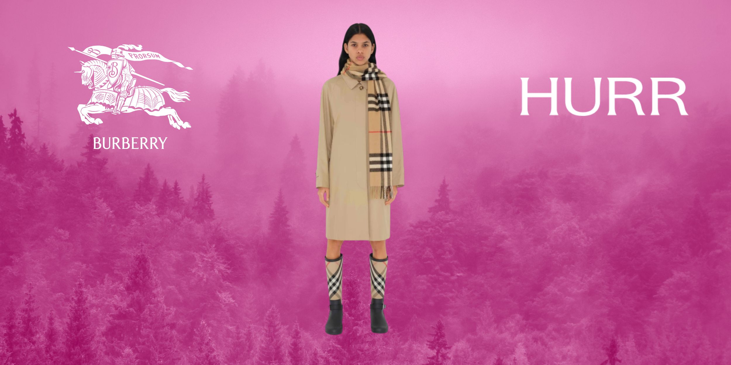 ReBurberry scarf, boots and jacket in front of a forest with the Burberry and HURR logos.