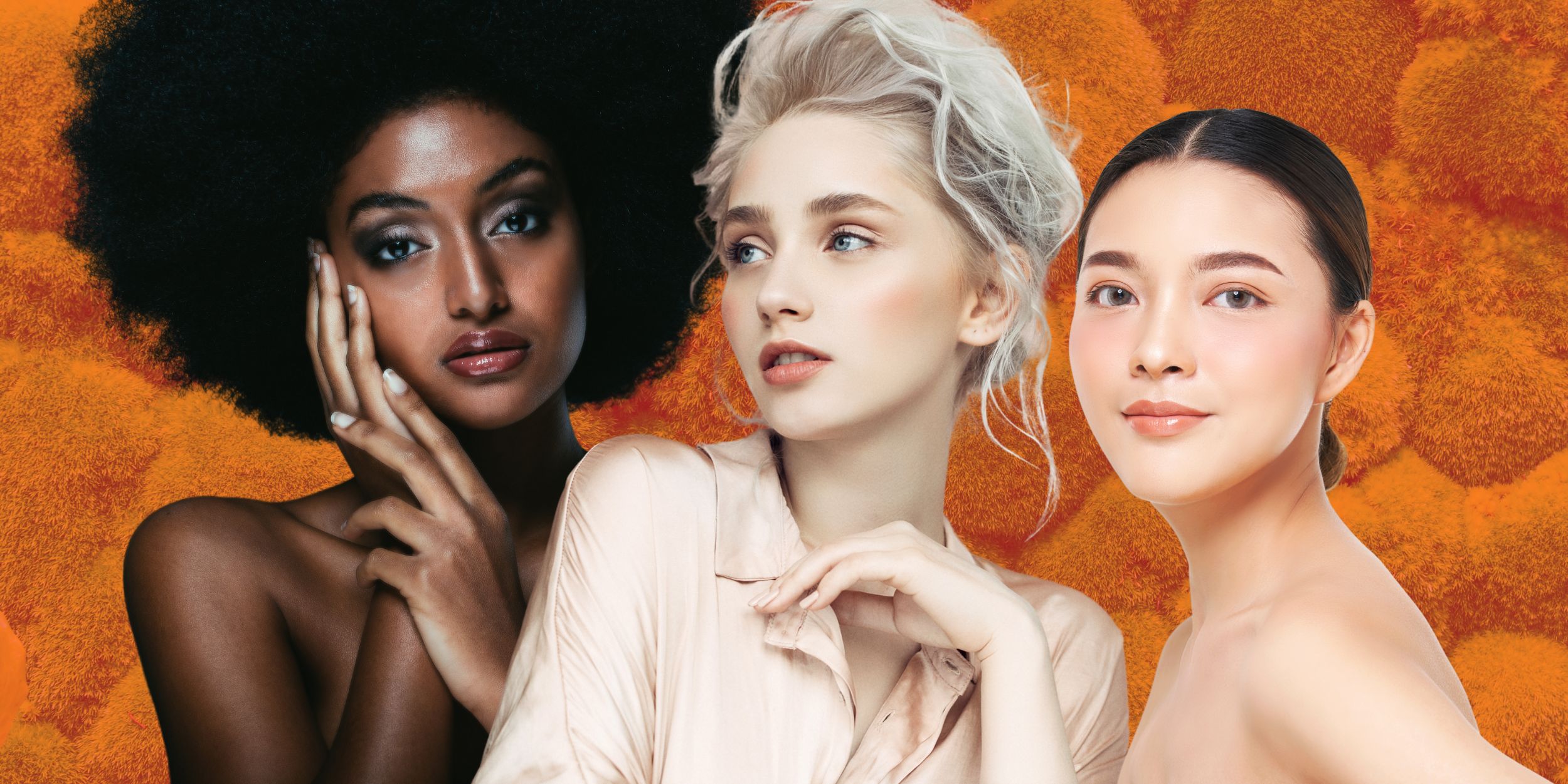 Beauty Favours cosmetics brand of three models with a moss, ornage tinted background
