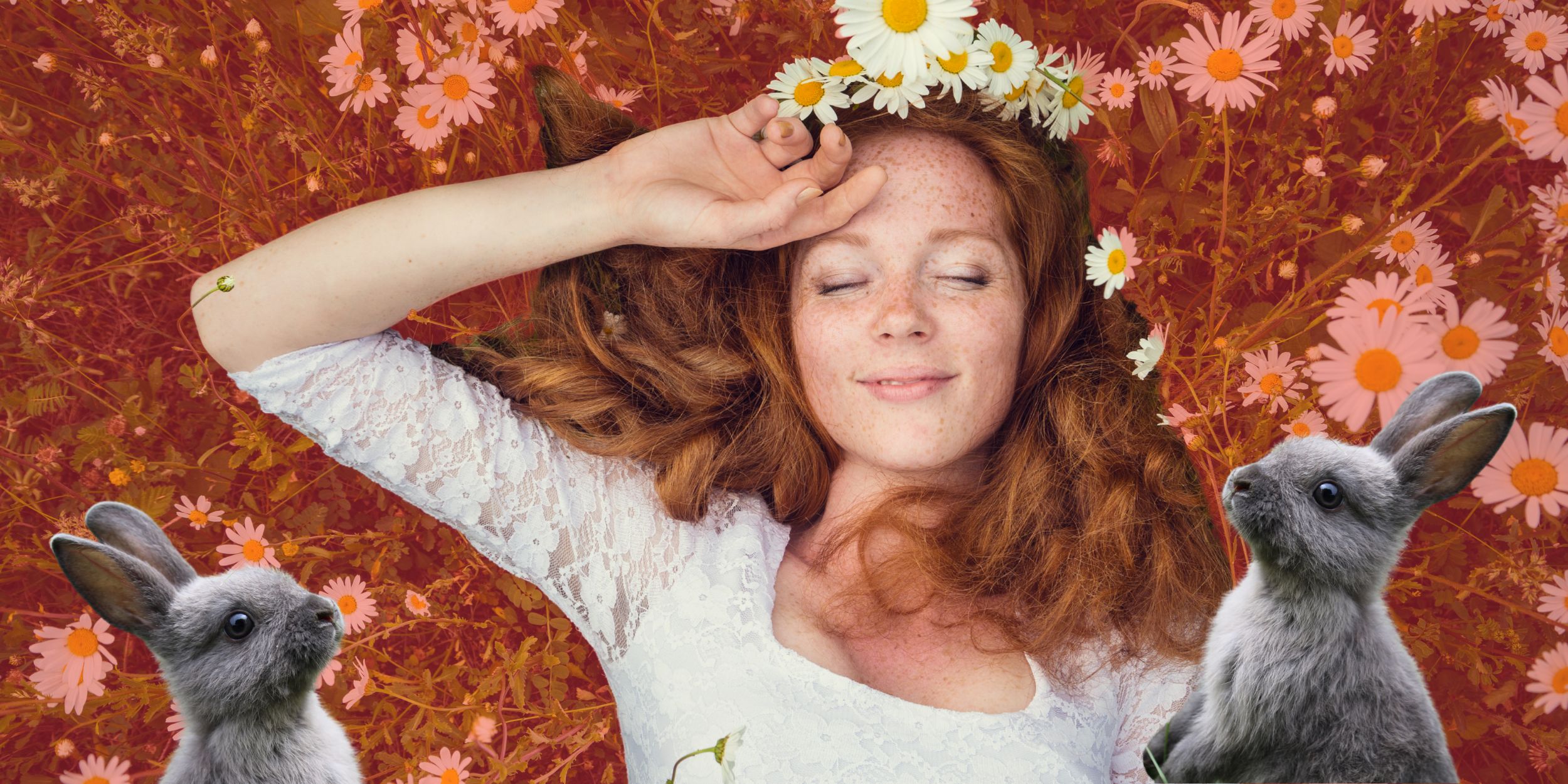 Beauty brands woman laying on a bed of flowers