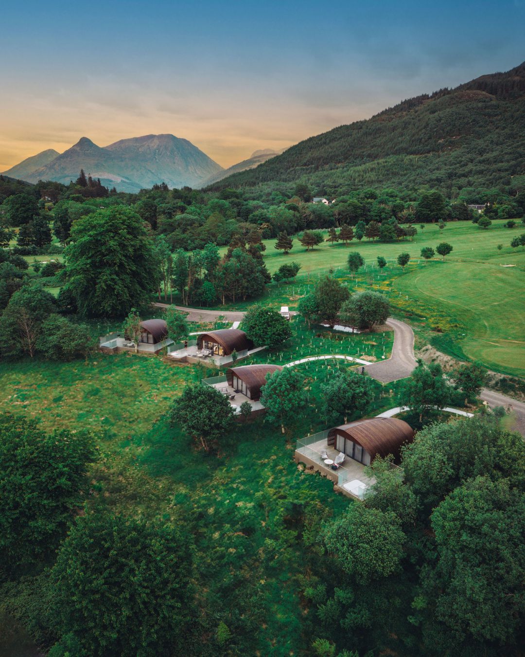 Woodlands Glencoe Aerial view of the cabins