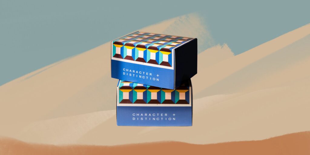Character + Distinction product images using artworks by aMiranda Skoczek