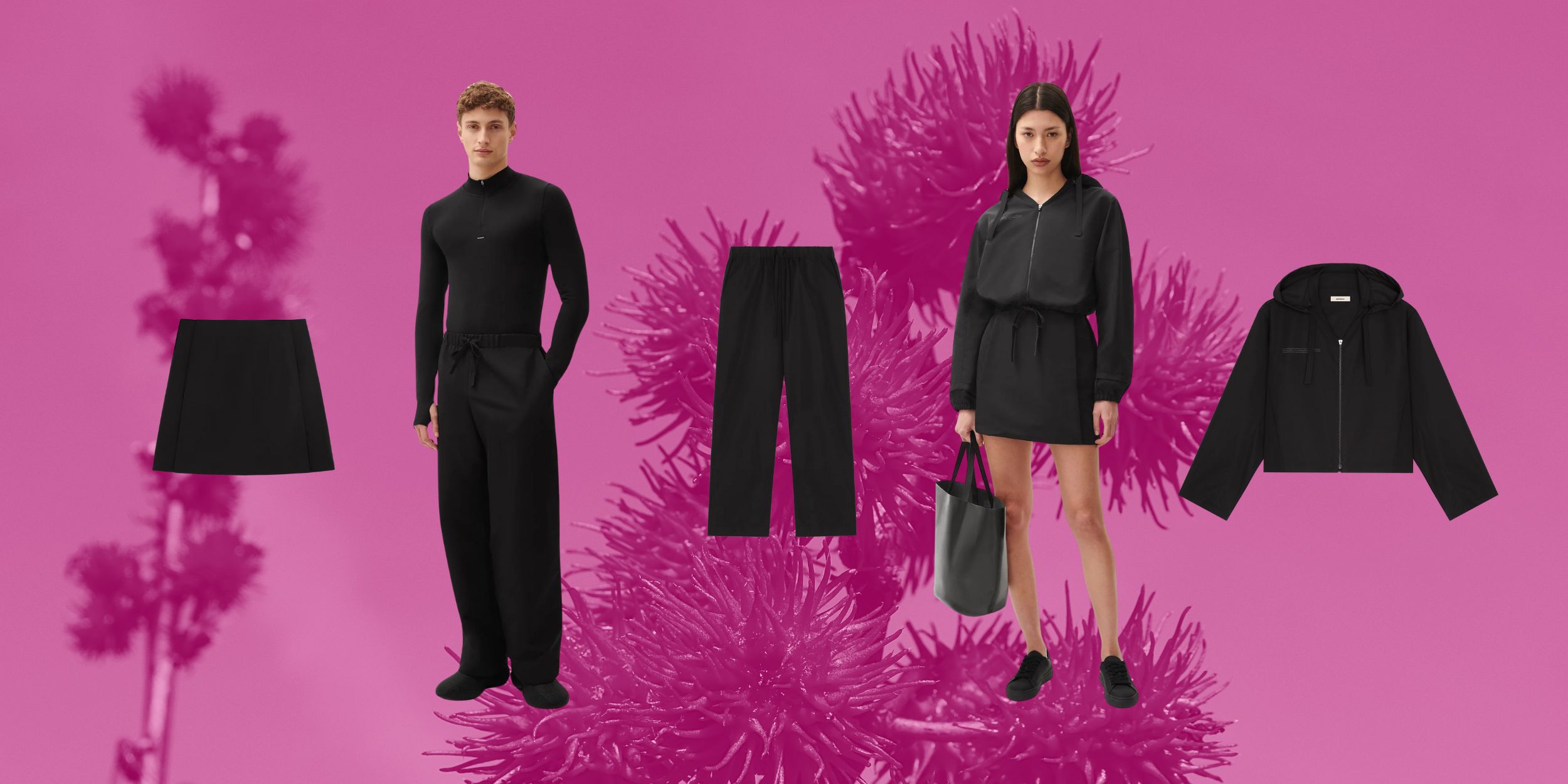 Pangaia Activewear fashion items, jacket, pants and skirt with models wearing the fashion items
