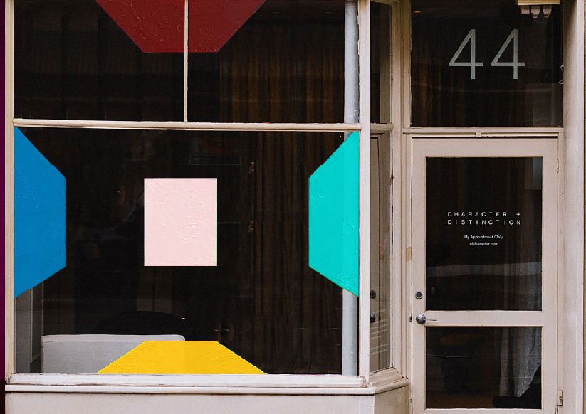 Character +Distinction Slow brands Office Window By Artist in Residence Emma Lipscombe.