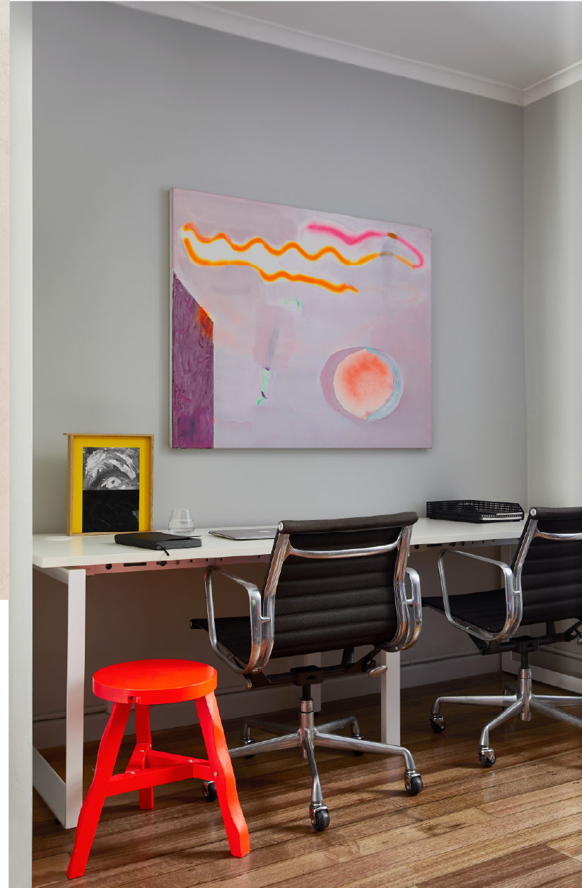 Artist in Residence Miranda Skoczek's artwork in the Character + Distinction office.