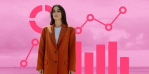 Circularity fashion chart and a model wearing a burnt orange blazer in front of a beach scene