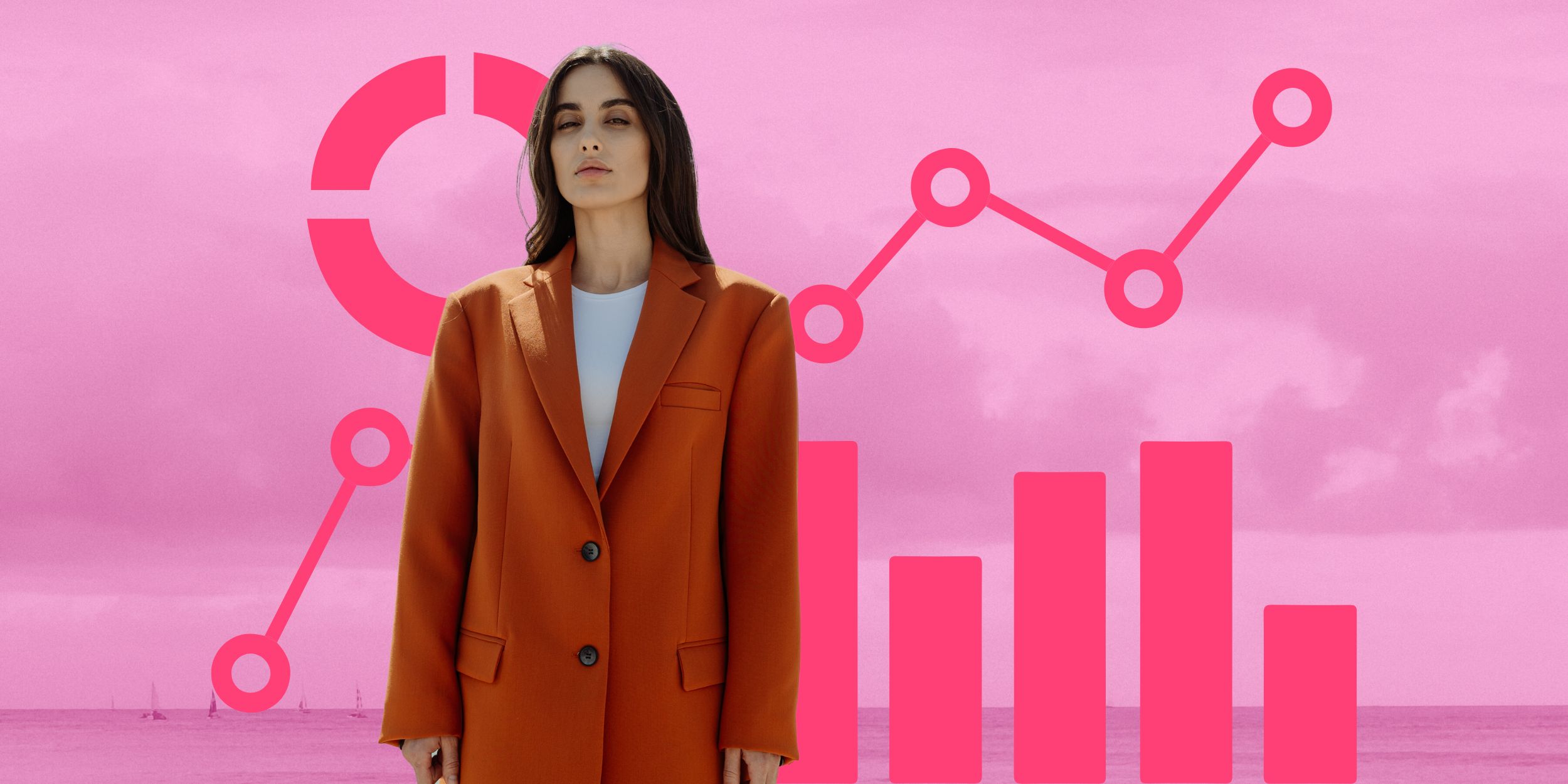 Circularity fashion chart and a model wearing a burnt orange blazer in front of a beach scene