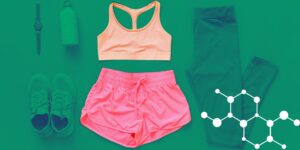 Polyester gym clothing in pink, with accesroies