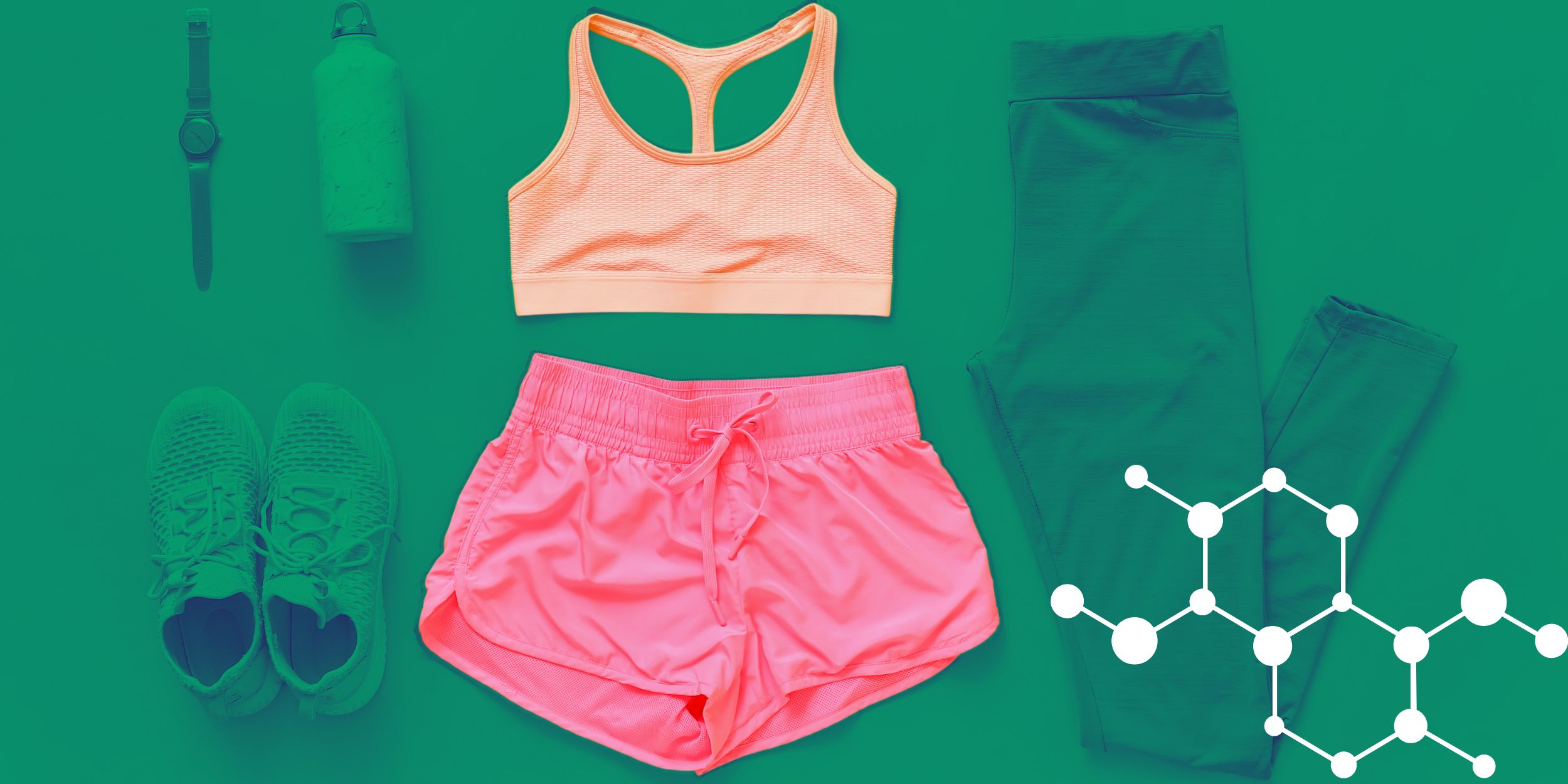 Polyester gym clothing in pink, with accesroies