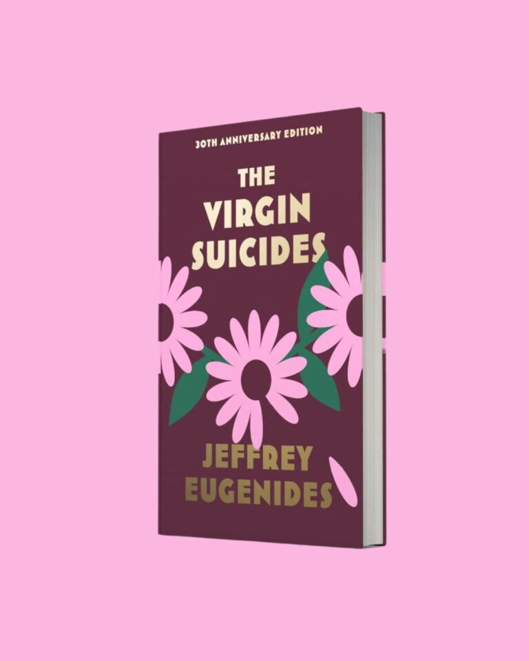The Virgin Suicides Jeffrey Eugenides book cover in front of a bookshelf